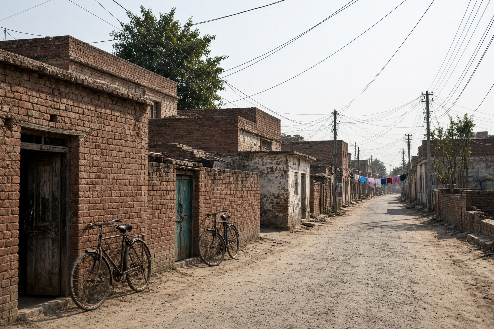 A quiet brick village lane in afternoon light